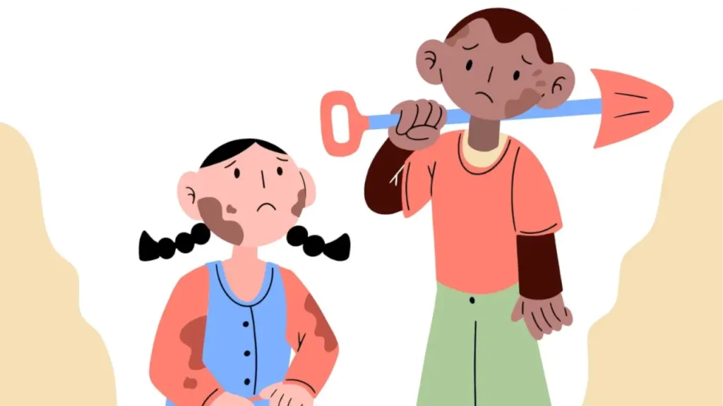 Desenho de duas crianças em situação de trabalho, ambas estão infelizes