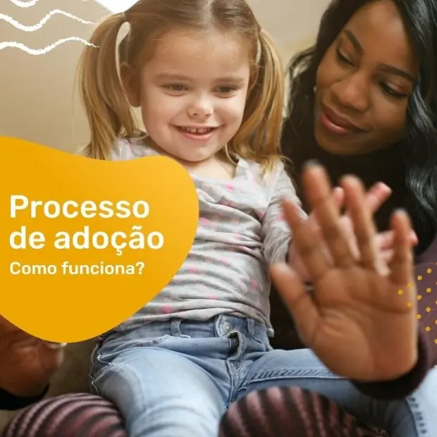 Imagem de uma mulher com uma criança no colo, ao lado uma frase "Processo de Adoção? Como funciona?"