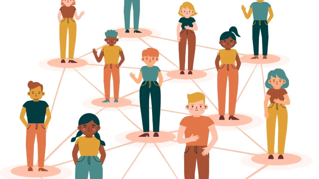 Desenho representando uma rede de pessoas, todas conectadas por linhas no chão