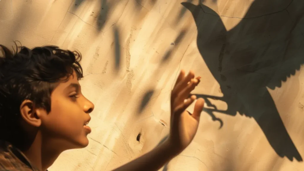 Fotografia de um garoto estendendo a mão para a sombra de um passaro