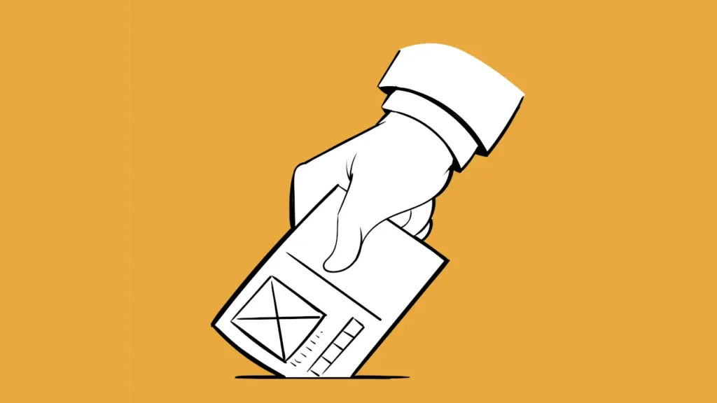 Animação de uma mão segurando um ticket de votação