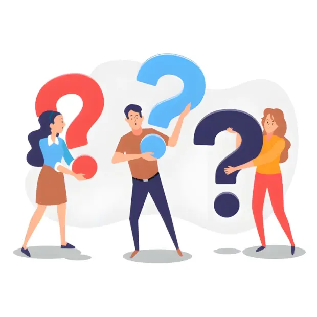 Animação de varias pessoas segurando pontos de interrogações enormes