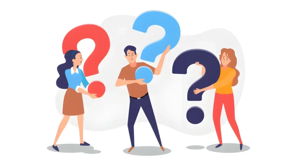 Animação de varias pessoas segurando pontos de interrogações enormes