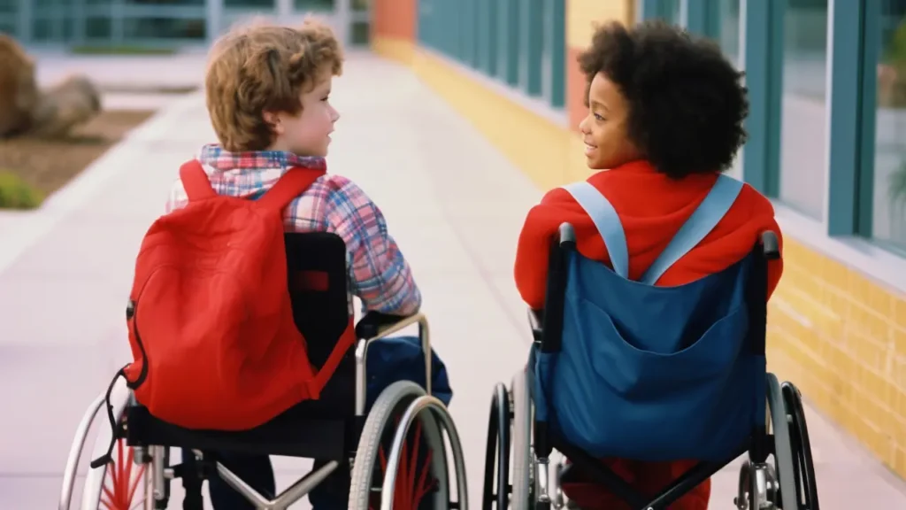 Fotografia de duas crianças com deficiência se encontrando