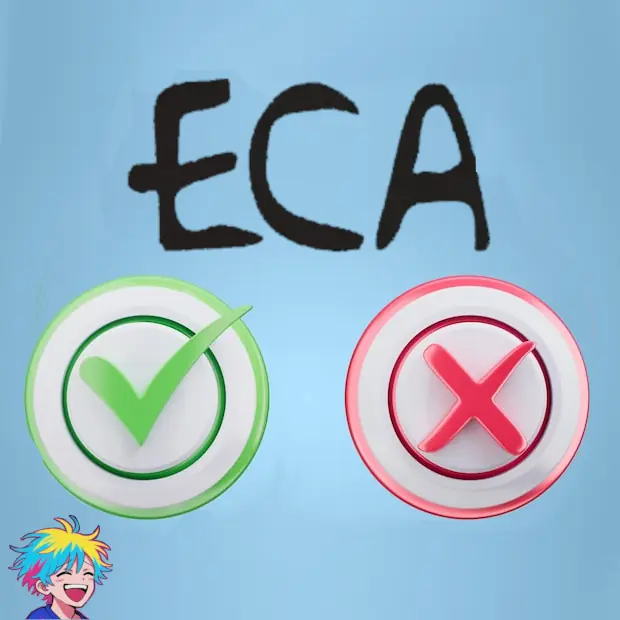 Sigla "ECA", abaixo dois ícones, um de verdadeiro e outro de falso